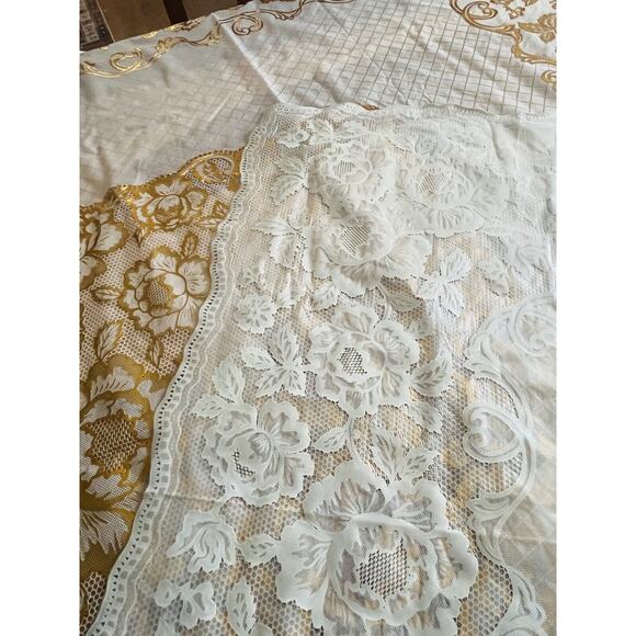 Vintage Vinyl Crochet Lace Table Cover Gold Clear Ivory Tablecloth PVC Plastic - Picture 16 of 16